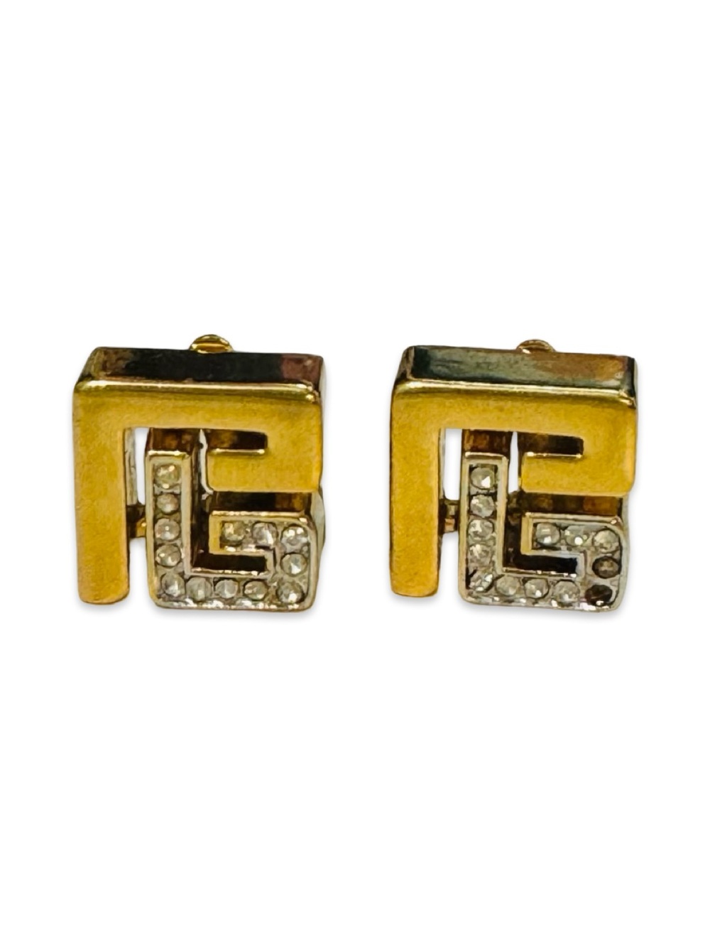 Balmain RARE Vintage Gold-Tone Crystal Logo Stud Earrings - Missing 2 Stones